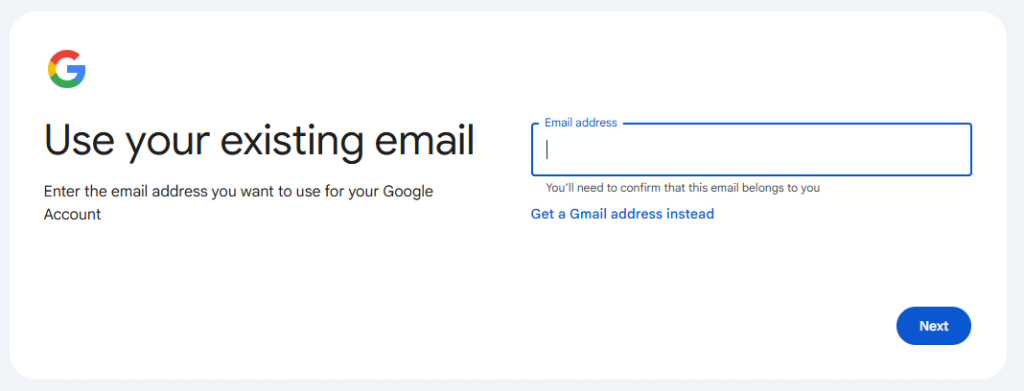 Use existing email Google account step 2